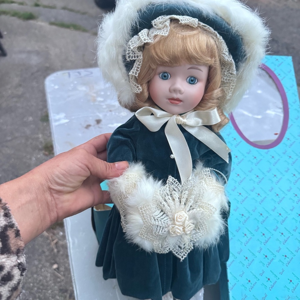 Charming Velvet dress Porcelain Doll with feather Accents vintage